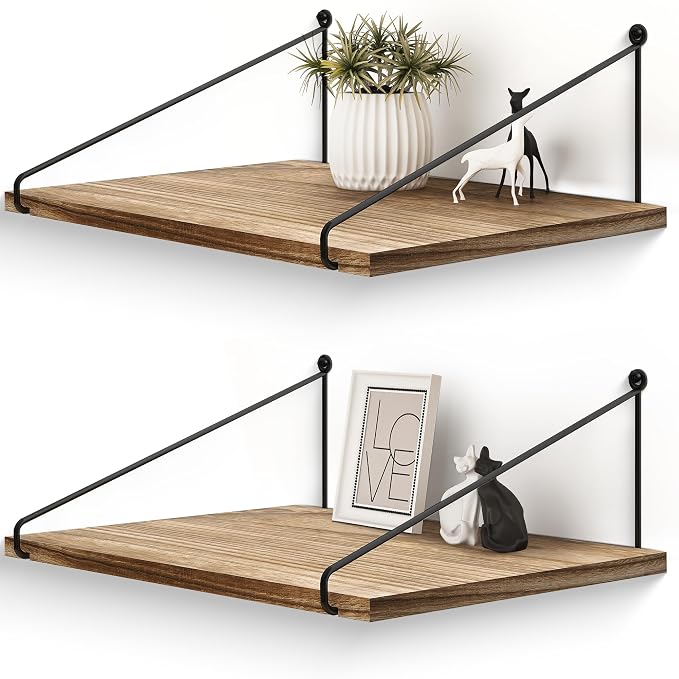 Afuly 12 Inch Deep Floating Shelves for Wall, Rustic Farmhouse Wall Mounted Hanging Shelf Large Wood Organizers Bookshelf, Set of 2