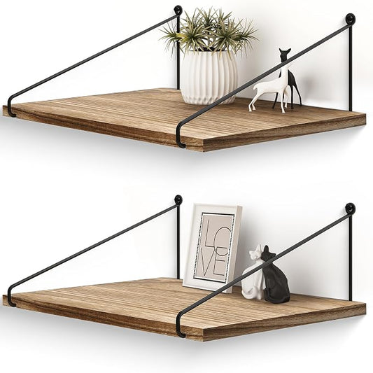 Afuly 12 Inch Deep Floating Shelves for Wall, Rustic Farmhouse Wall Mounted Hanging Shelf Large Wood Organizers Bookshelf, Set of 2