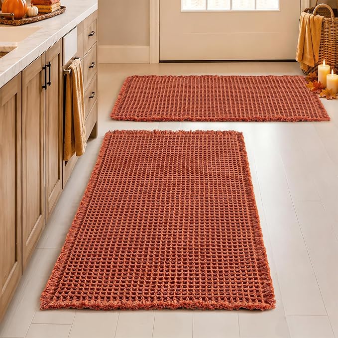 MIULEE Fall Orange Set of 2 Waffle Bathroom Rugs Boho Bath Mat 20x32 Inch | Non Slip, Super Absorbent, Washable, Ultra Soft, Rubber Backed Bath Rugs for Bathroom Floor Tub Shower