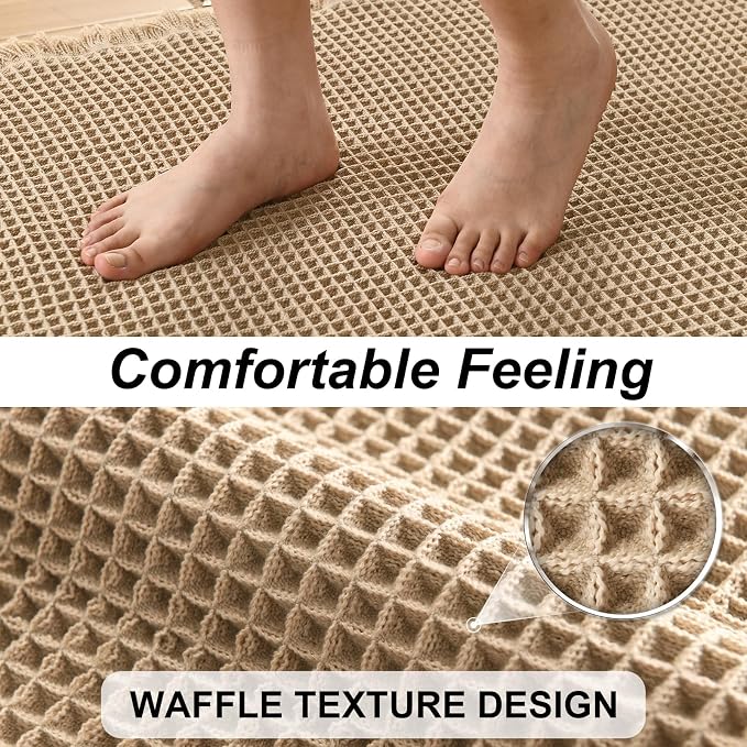 JIUZHEN Set of 3 Waffle Bathroom Rugs Boho Bath Mat 16"x24"+24"x36"+24"x48" | Brown, Non Slip, Super Absorbent, Washable, Ultra Soft, Fast Drying Waffle Bathroom Rugs for Bathroom Floor, Tub, Shower