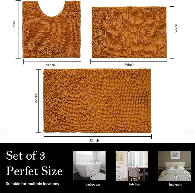 Bathroom Rugs Chenille Bath mat 3 Piece Set, Super Absorbent, Strong PVC Non Slip Backing, Bath mats for Bathroom, Plush Shaggy, Thick, Machine Washable, Bathtub, Toilet, Champagne