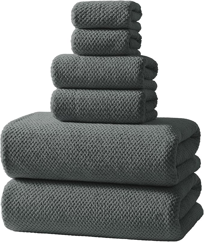 REDKISS Soft 6 Piece Bath Towels Set, 2 Large Bath Towel Sheet, 2 Hand Towels, 2 Washcloths, Highly Absorbent, Quick Dry, Lightweight Towel Sets Collection, Premium Gray Towels for Bathroom, Gym & Spa