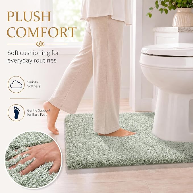 Yimobra Toilet Rugs U Shaped Washable 24X20, Ultra Soft and Water Absorbent Bath Mats, Non Slip Fluffy Shaggy Luxury Microfiber Contour Bath Rugs for Toilet, Dry Quick, Light Green and White
