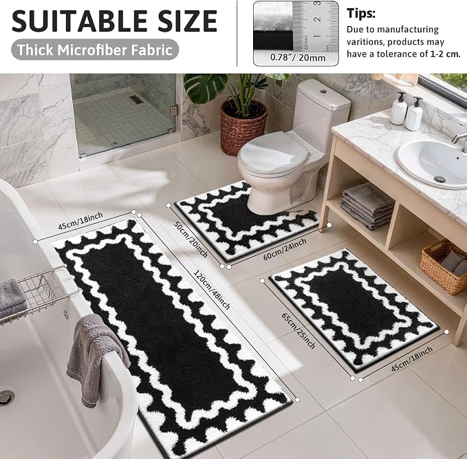 Findosom Bathroom Rugs Sets 3 Piece, Absorbent Soft Non-Slip Bath Rug Set | Washable Microfiber Shaggy Scalloped Bath Mat Set with Bathroom Runner Rug, U-Shaped Toilet Rugs, Shower Rug, Black