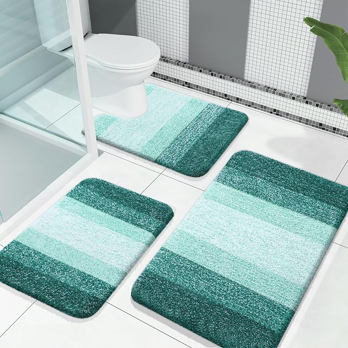 OLANLY Microfiber Bathroom Rugs Sets 3 Piece, 30"x20"+24"x16"+24"x20" | Blackish Green, Soft Absorbent Bath Mats and U-Shaped Contour Toilet Rug, Machine Wash Dry, Plush Bath Mat Set for Bathroom