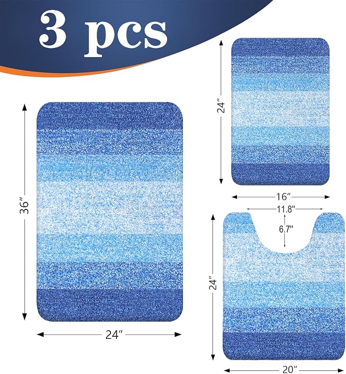 OLANLY Microfiber Bathroom Rugs Sets 3 Piece, 36"x24"+24"x16"+24"x20" | Light Royal Blue, Soft Absorbent Bath Mats and U-Shaped Contour Toilet Rug, Plush Shaggy Bath Mat Set for Bathroom