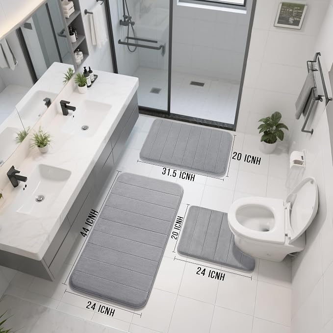 Yimobra 3 Pieces Memory Foam Bath Mat Set with U-Shaped Toilet Rug - Non Slip Super Soft Absorbent Quick Dry Bathroom Rugs for Bathtub, Vanity & Toilet Base, Gray