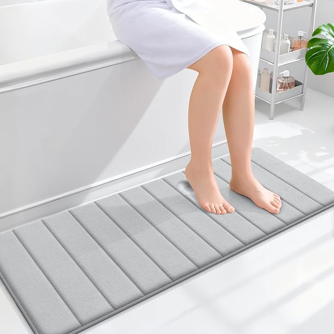 OLANLY Memory Foam Long Bathroom Rugs Runner 47x17, Super Soft Absorbent | Light Gray, Quick Dry Bath Mat, Machine Washable Shower Floor Rugs, Bathmat Carpet for Bathroom Floor, Tub and Shower
