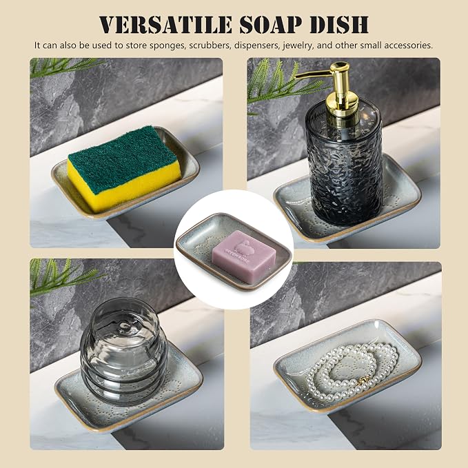 Gomakren Ceramic Soap Dish Bar Soap Holder for Bathroom Kitchen Sink, Gray | Keeps soap dry & long-lasting, raised scalloped design, non-slip base, easy to clean, versatile tray counter storage & decor