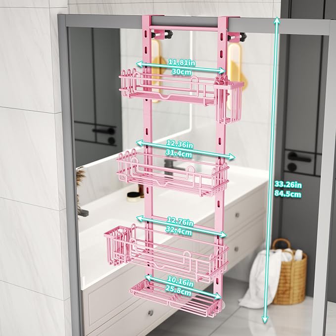 HapiRm Hanging Shower Caddy Organizer - Shower Shelf with 22 Hooks and 2 Toothbrush Holders, No Drilling Adjustable Hanging Bathroom Organizer - Pink