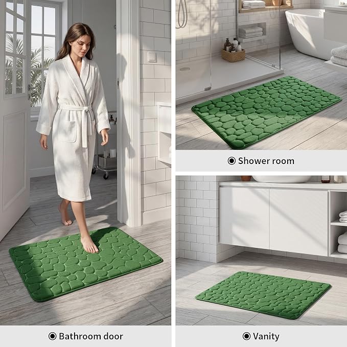 YIHOUSE Memory Foam Bath Mat Cobblestone Bathroom Rugs Super Water Absorbent Bath Mats for Bathroom Machine Washable Bath Rugs(20 x 47,Green)