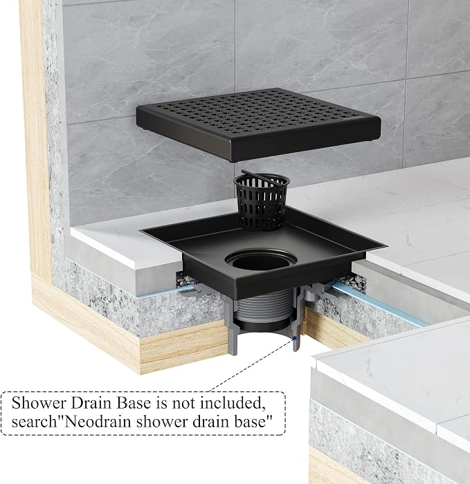 Neodrain 6 Inch Square Shower Drain, 304 Stainless Steel Bathroom Drainage with Removable Quadrato Pattern Grate, PVC Shower Drain Base, Hair Strainer for Bathroom Floor Drains, Matte Black