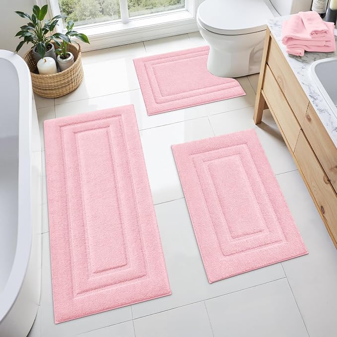 HOMEIDEAS Light Pink Bathroom Rugs Set of 3, Non Slip Bath Runners | Super Absorbent, Plush Microfiber, Machine Washable, Stain Resistant, Easy Care, Perfect for Modern Bathroom Decor