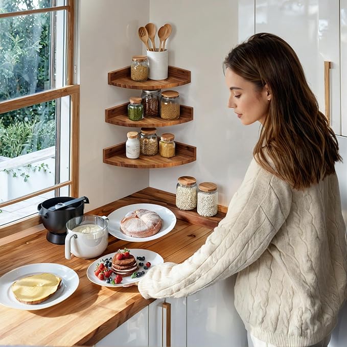 Demigo Corner Shelf Wall Mount Set of 3, Solid Acacia Wood Round Floating Corner Shelves for Storage and Display, Hanging Wood Shelves for Bedroom, Kitchen, Living Room, Bathroom (Brown) | Hanging Wall Storage & Display Corner Rack for Bedroom, Kitchen...