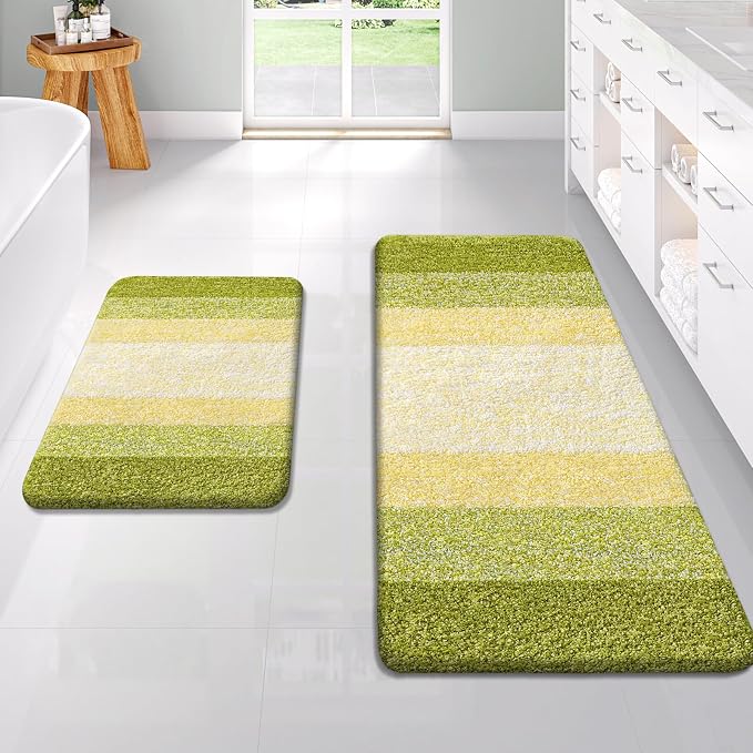OLANLY Micorfiber Bathroom Rug Set 2 Piece, 47"x20"+24"x16" | Olive Green, Soft Absorbent Bath Rug Set, Non-Slip, Machine Wash Dry, Plush Shaggy Bath Mats for Bathroom