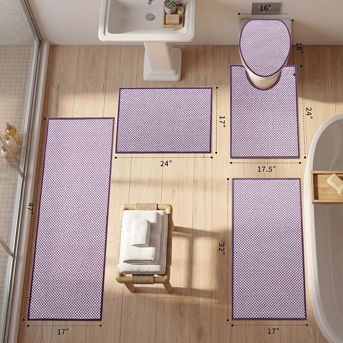 YIHOUSE Thin Bath Mat Purple Bathroom Rugs Sets 5 Pieces, Non Slip Absorbent Bath Mats Quick Dry, Woven Braided Rugs Washable, Rubber Tapetes para Baño for Bathroom Toilet,Bathtub