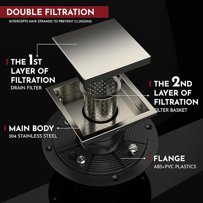 WEBANG 4 Inch Square Shower Drain Nickel Floor Drain with Flange Reversible 2-in-1 Cover Tile Insert Grate Removable SUS304 Stainless Steel CUPC Certified Brushed Nickel