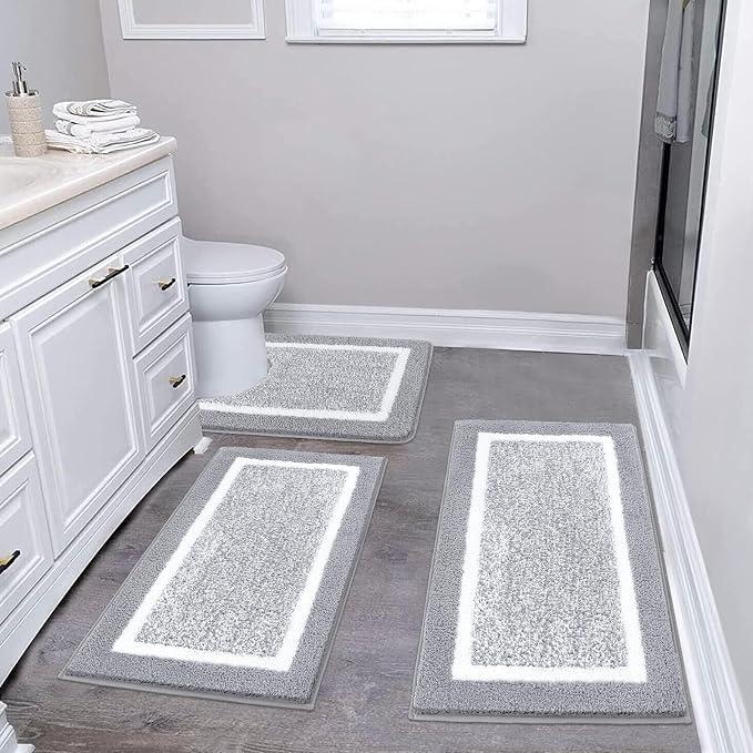 Pauwer 3 Piece Bathroom Rug Set, Non Slip Washable Bath Mat, Light Grey | Soft Plush Microfiber, Super Absorbent Floor Carpet, U Shaped Toilet Mats, Quick Dry, Shaggy Shower Rugs Runners