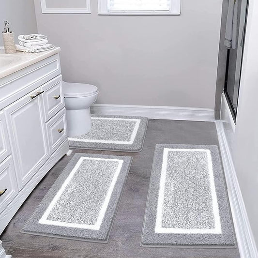 Pauwer 3 Piece Bathroom Rug Set, Non Slip Washable Bath Mat, Light Grey | Soft Plush Microfiber, Super Absorbent Floor Carpet, U Shaped Toilet Mats, Quick Dry, Shaggy Shower Rugs Runners