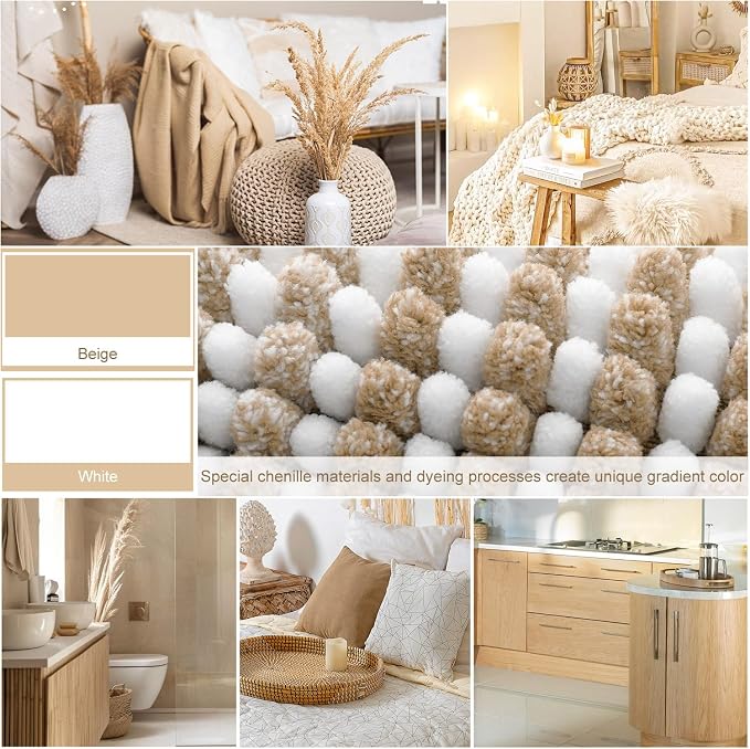 Bathroom Rugs Sets 2 Piece, Non Slip Boho Bath Mats, Beige | 20"x47" Plus 20"x32", Soft Absorbent Striped Chenille, Quick Dry Machine Washable, Shower Rug for Bathroom Bedroom Décor