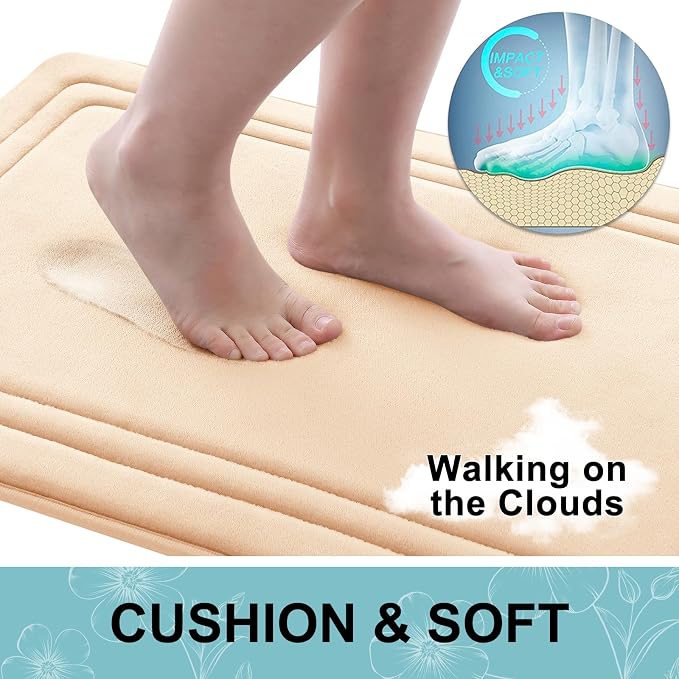 Grandaily Memory Foam Bath Mat Rug 24x16, Ultra Soft, Non-Slip and Absorbent Bathroom Rugs, Machine Wash Dry, Comfortable Bath Carpet for Bathroom Floor, Tub and Shower, Beige