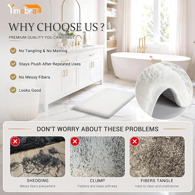 Yimobra Bathroom Rugs Non Slip Washable 36X24, Ultra Soft and Water Absorbent Bath Mats, Plush Fluffy Shower Mat Outside, Luxury Microfiber Thick Carpet Matts for Bathroom Floor/Tub, Off White