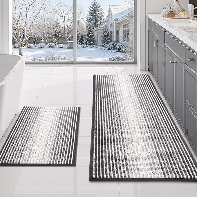 Bathroom Rugs Sets 2 Piece, Non Slip Striped Bath Mats, Gray | 20"x47" Plus 16"x24", Soft Absorbent Chenille, Quick Dry Machine Washable, Shower Rug for Bathroom Floor, Tub, Bedroom Decor