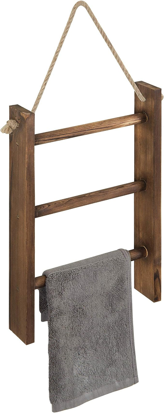 MyGift Rustic Dark Brown Wood Wall Hanging 3 Tier Hand Towel Ladder Rack, Bathroom Towel Storage Rack with Top Rope