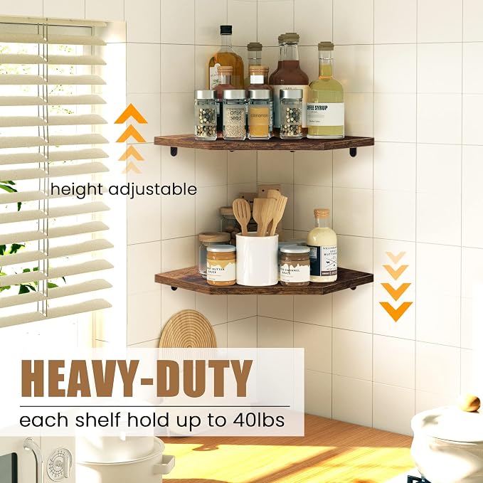 Fun Memories Corner Shelf Wall Mount, Floating Corner Shelves, Set of 2 Corner Wall Shelf Organizer, Rustic Wood Wall Storage Display Shelves for Living Room Bedroom Bathroom Kitchen, Rustic Brown | Organizer