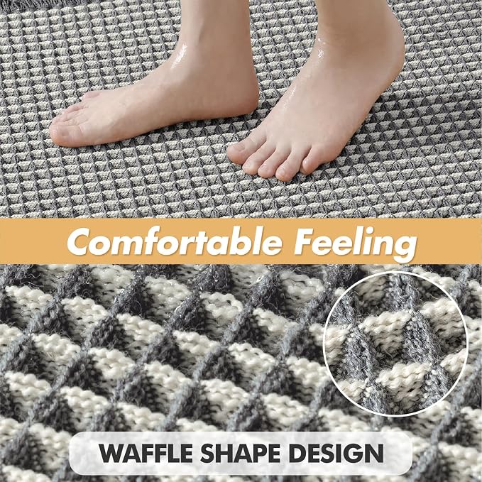 MIULEE Set of 2 Waffle Bathroom Rugs Dark Grey&Cream 17"x24"+18"x30" | Non Slip, Super Absorbent, Washable, Ultra Soft, Rubber Backed, Small Boho Bath Rugs for Bathroom Floor Tub Shower