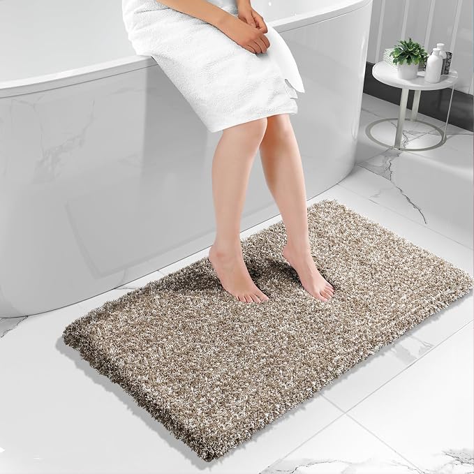 Yimobra Luxury Bathroom Rugs, Fluffy Bath Mats, Non Slip, Water Absorbent Microfiber, Machine Washable, Plush Runner Shower Rugs, Thick Matts for Bathroom Floor&Tub, 47" X 24", Light Brown and White