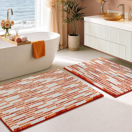 Bathroom Rugs Sets 2 Piece, Fall Bath Mat 20"x32"+16"x24", Orange | Loop Pile Chenille, Non Slip TPR Rubber Backing, Abstract Stripe, Soft Thick Absorbent Washable, Shower Rug for Bathroom