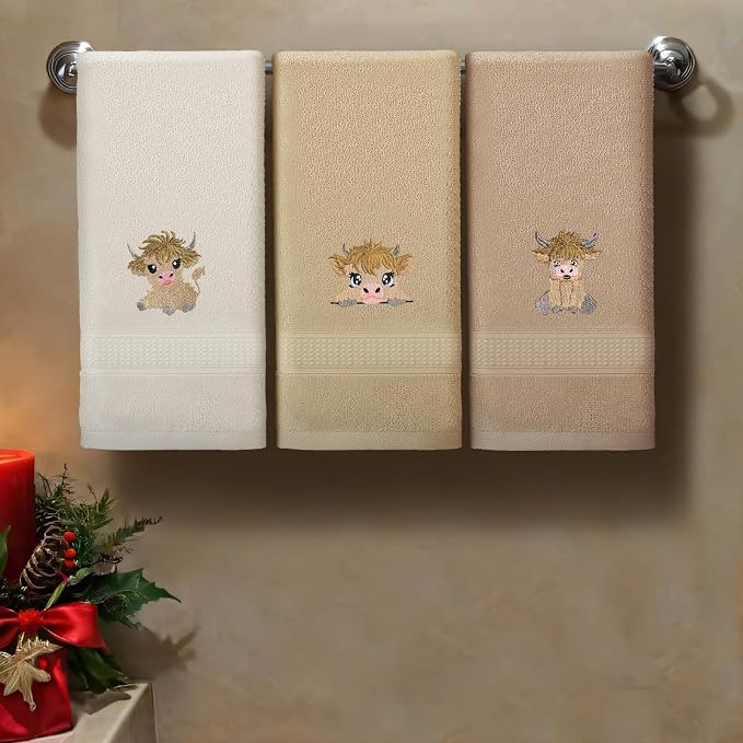 3 Pcs Mini Highland Cow Baby Hand Towels for Bathroom Kitchen Decor | Embroidered Calf Design, 100% Cotton, Farmhouse Bathroom Kitchen Decor, Absorbent Towels, Holiday Housewarming Gifts