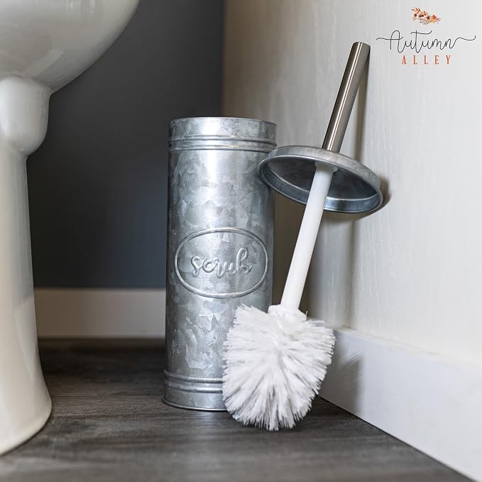 Autumn Alley Rustic Toilet Bowl Brush and Holder, Farmhouse Bathroom Toilet Brush for Farmhouse Bathroom Standing Rustic Toilet Bowl Brush with Holder, Rustic Bathroom Accessory Sets, Galvanized