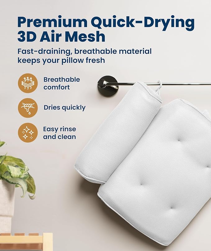 Everlasting Comfort Luxury Bath Pillow for Tub – Quick-Dry 4D Mesh – White | Head/Neck/Back Support, Non-Slip Suction Cups, Machine Washable, Drying Hook, Bath/Spa/Jacuzzi Essentials