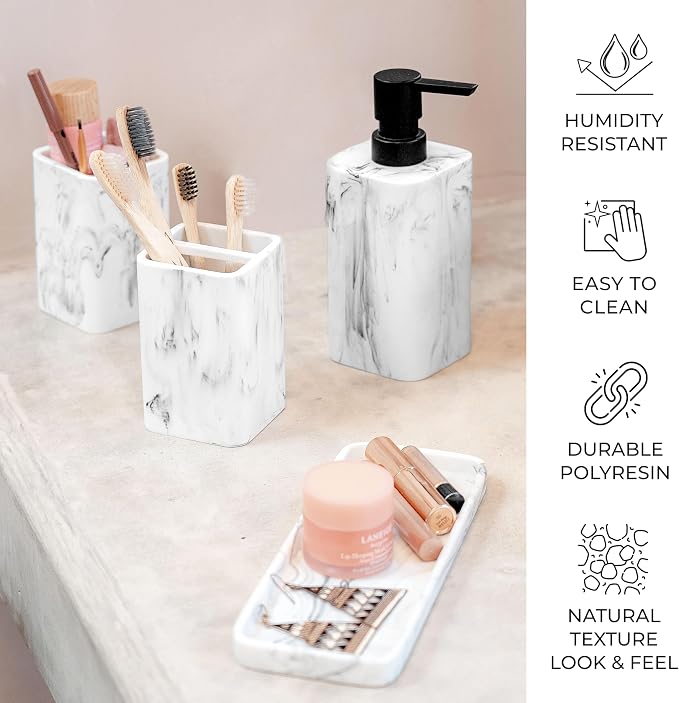 Bathroom Accessory Sets, 4 Pieces Bathroom Accessories Complete Set Vanity Countertop Accessory Set with Marble Look, Includes Lotion Dispenser, Toothbrush Holder and Tray (White Marble Look)