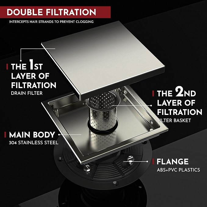 WEBANG 6 Inch Square Shower Drain Nickel Floor Drain with Flange Reversible 2-in-1 Cover Tile Insert Grate Removable SUS304 Stainless Steel CUPC Certified Brushed Nickel