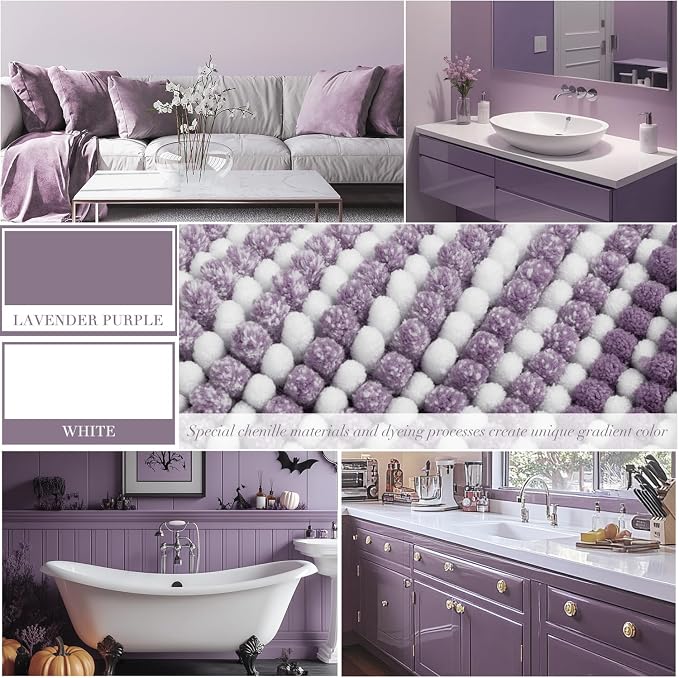 Bathroom Rugs Sets 2 Piece, Non Slip Bath Mats, Lavender Purple | 20"x32" Plus 16"x24", Soft Absorbent Chenille, Quick Dry Machine Washable, Shower Rug for Bathroom Floor, Tub, Bedroom Decor