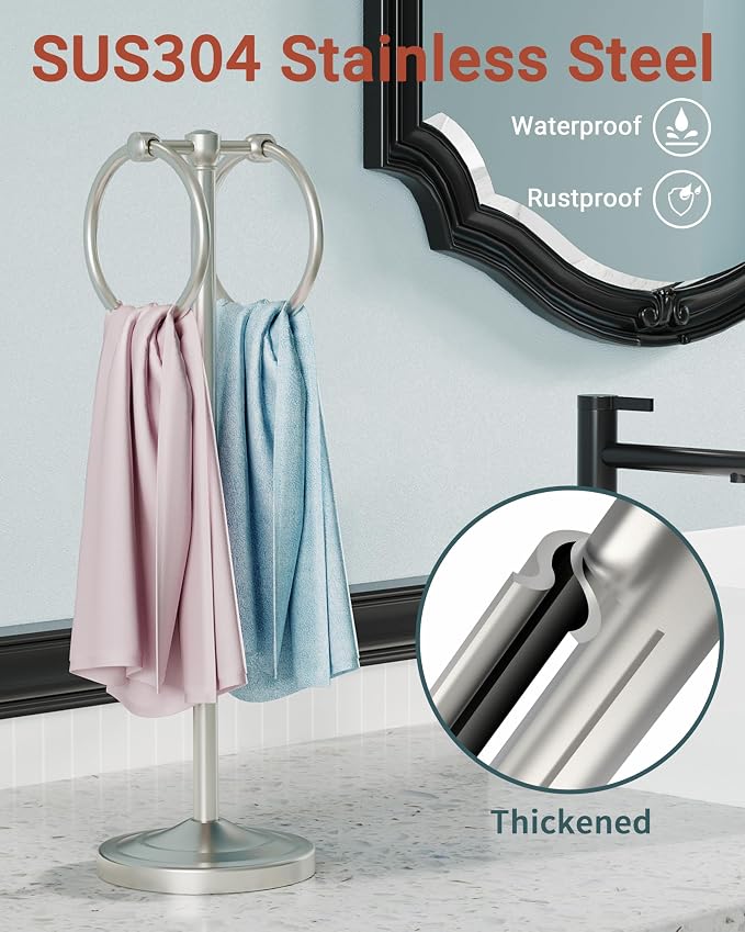 18" Hand Towel Holder Stand, Stainless Steel Free Standing Towel Rack Bar,Double Ring Towel Hanger with Weighted Base, Towel Hardware for Bathroom Vanity Kitchen Countertops(Nickel)