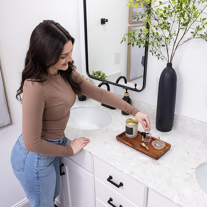 Demigo Bathroom Vanity Tray, Natural Acacia Organizer Tray, 11.8 x 5.9 in | Wooden Countertop Holder for Cosmetics Jewelry Candle & Keys, Decorative Tray for Toilet Tank, Kitchen & Sink Decor