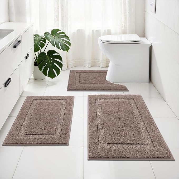 SHACOS Soft Microfiber Bathroom Rugs Set 2 Pieces with Toilet Rug | Absorbent Plush Bath Mat U Shaped Contour Bath Shower Rug, Non Slip Washable Fluffy Bathroom Floor Mats, 32x20+24x20, Coffee