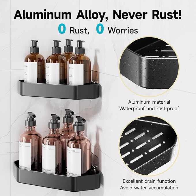 Veken Aluminum Corner Shower Caddy 4-Pack, Never Rust, No Drilling Adhesive Shelves, Stainless Rack with Soap Holder, Bathroom Organizers and Storage, Wall-Mounted Kitchen & Home Decor, White