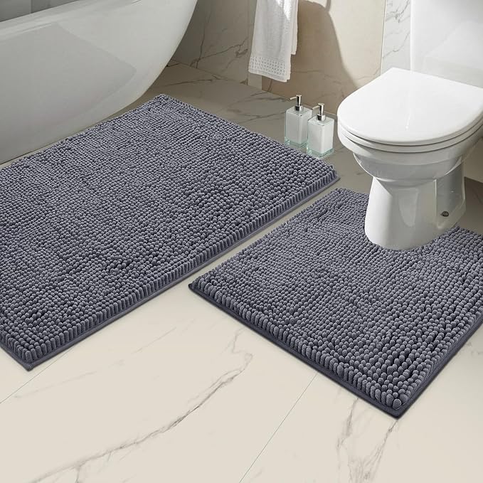 LuxUrux Bathroom Rugs Sets 2 Piece, Bathroom Rug Set, Soft Absorbent Chenille Bath Mat & Contour Toilet Rug, Non Slip, Quick Dry, Machine Washable Shaggy Bathroom Mats (Gray, 20"x30"+20"x20" U-Shaped)