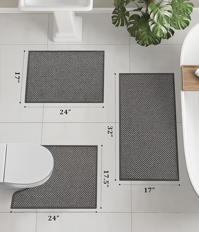 YIHOUSE Thin Bath Mat Dark Grey Bathroom Rugs Sets 3 Pieces, Non Slip Absorbent Bath Mats Quick Dry, Woven Braided Rugs Washable, Rubber Tapetes para Baño for Bathroom Toliet,Bathtub