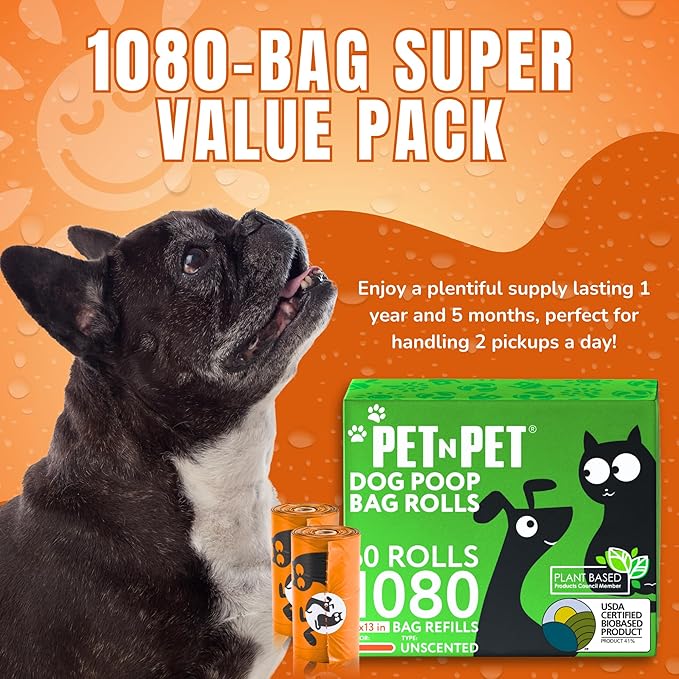 Pet N Pet Poop Bags for Dogs, 1080 Count, Plant Based, Unscented, Orange | 41%, 59% PE, Extra Thick, 9 x 13, Waste, Leak-Proof, Tear-Resistant, Easy-Tear Design, Durable, Reliable, dog waste bags
