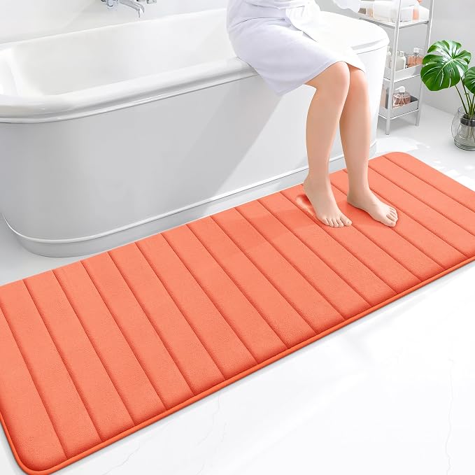 OLANLY Memory Foam Long Bathroom Rugs Runner 70x24, Super Soft Absorbent | Coral, Quick Dry Bath Mat, Machine Washable Shower Floor Rugs, Bathmat Carpet for Bathroom Floor, Tub and Shower