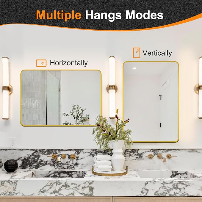 Delma Bathroom Vanity Mirror, Gold Framed Mirror for Over Sink, 30x20 | HD glass, distortion-free for makeup and grooming, Sturdy frame, all mounting hardware, hangs horizontal or vertical