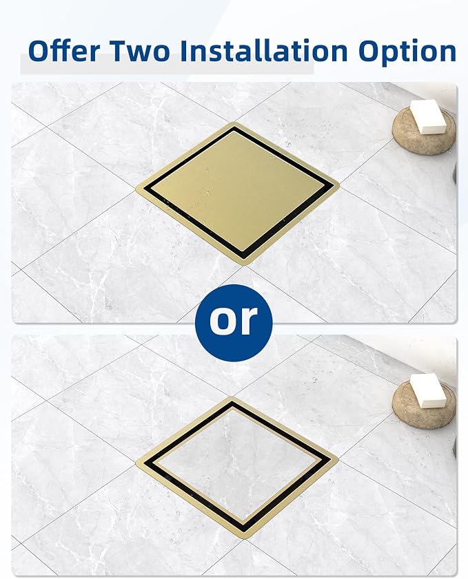 6 Inch Titanium Gold Shower Drain, 2-in-1 Tiled Shower Drain - 304 Stainless Steel Square Shower Floor Drain for Bathroom, Brushed Gold Drain Shower with Tile Insert Grate Removable,Hair Strainer