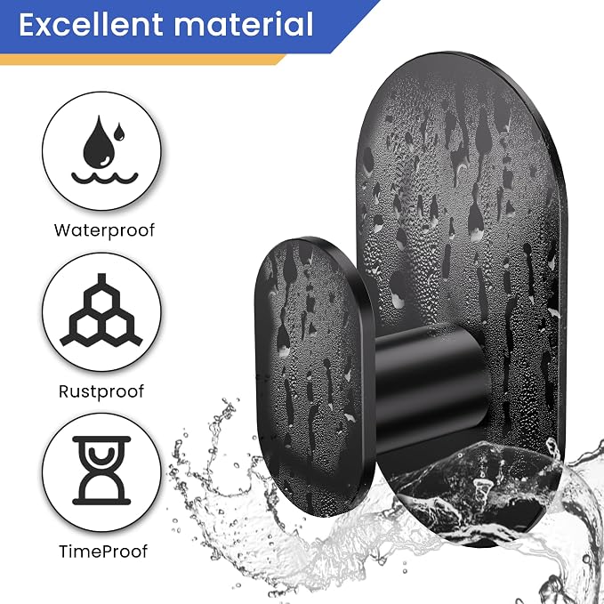 Aikzik Adhesive Hooks, 26LB Extra Strong Heavy Duty Wall Hooks for Hanging Coat, Robe, Towel, Dogs' Leads and Collars Stainless Steel Waterproof Stick on Bathroom/Shower, Door - 2 Pack (Matte Black)