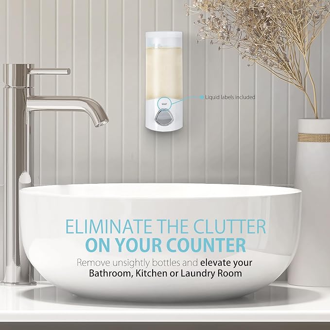 Better Living 76154-1 Products EURO, 1-Chamber, White | 1 Chamber, Soap and Sanitizer Dispenser Pump, Corner or Flat Wall Installation, No Drill Adhesive